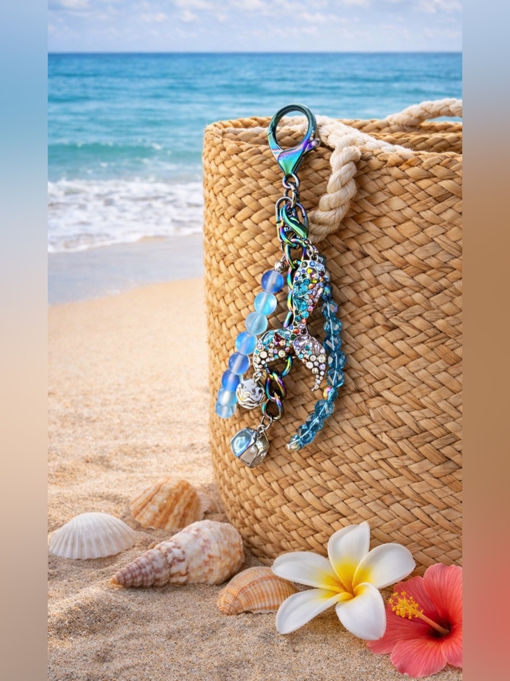 Iridescent Blue Mermaid Tail Bag Charm Keychain